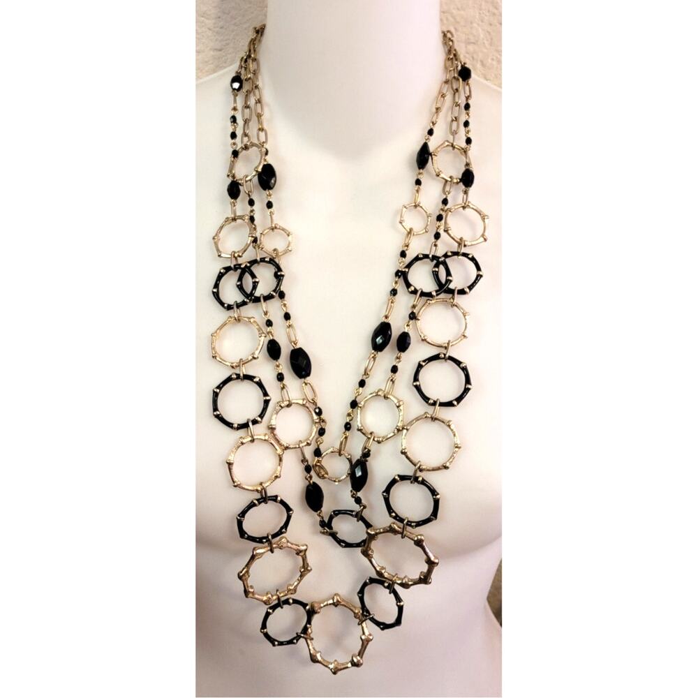 White House Black Market Multistrand Goldtone Black Bamboo Style Disk Necklace